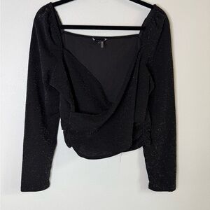 1 State Black Sparkle Top Puff Sleeve Square Neck Cropped Party Top L